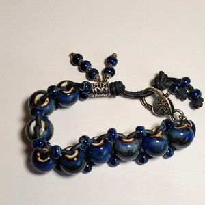 Hand Beaded New Artisan Unique Boho Leather & Ceramic Bracelet